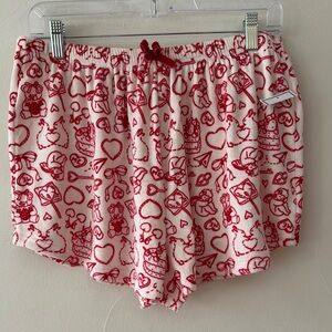 Red and Creamy White Patterned with Bears, Hearts, Cupids Pajama Sleep Shorts